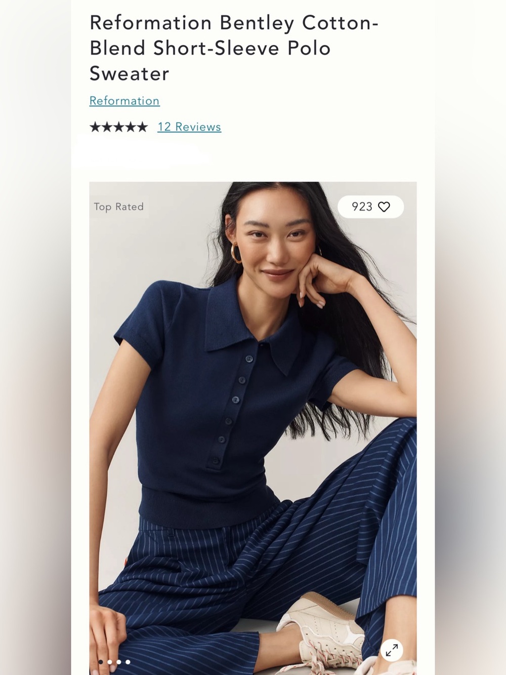 Reformation Bentley Organic Cotton Polo Sweater Navy Short-Sleeve Crop Top XL